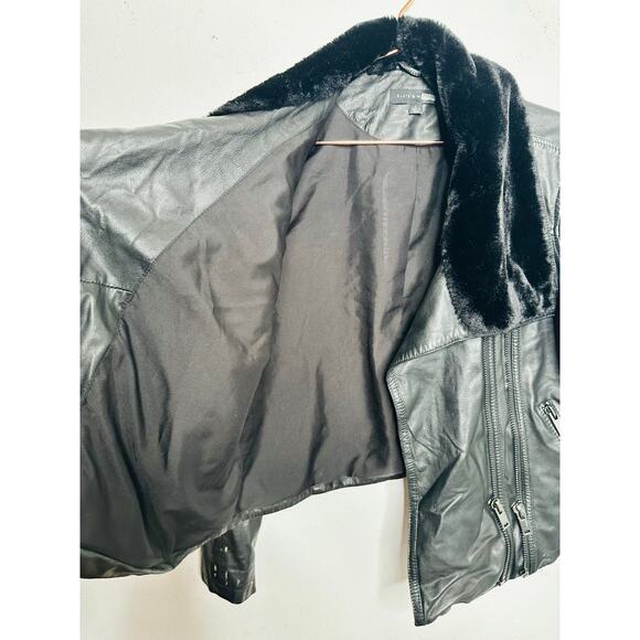 SLATE & WILLOW Black 100% Lambskin Leather Faux Fur Lapel Leather Jacket sz L - Picture 12 of 16